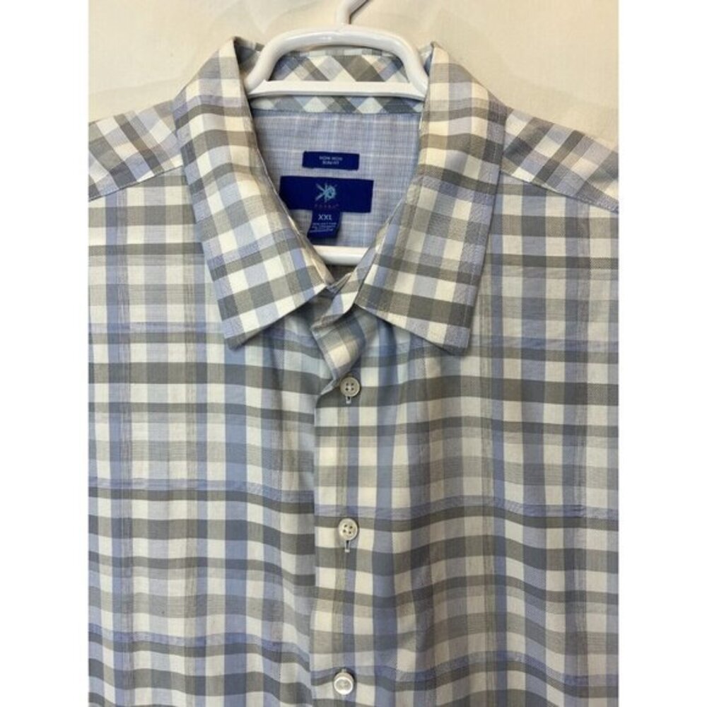 EGARA NON-IRON LongSleeve ButtonUp Plaid Shirts Cotton XXL Slim Fit Gray Blue
